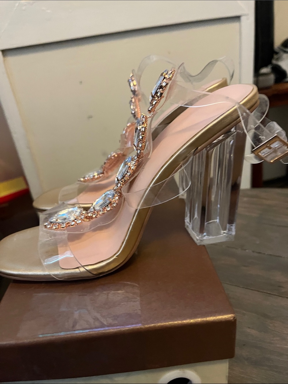 Clear Block Heel Sandals with Pink Insole and Crystal Detail